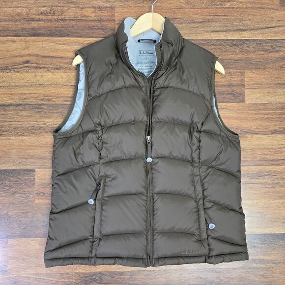 LL Bean Goose Down Puffer Vest Woman Large Brown Zip Quilted Outdoors Jacket - Picture 1 of 9